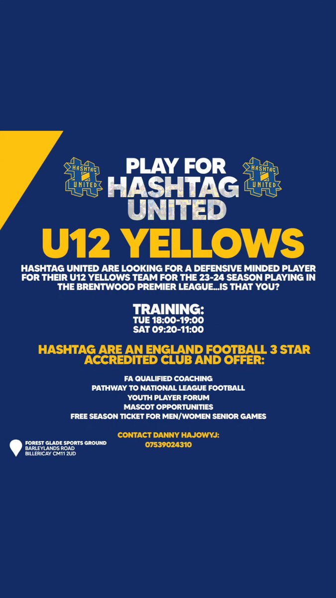 Going into u12 for the new 23/24 season. Playing premier league football....could this be you we are looking for..... 🟡🔵

<a href="/hashtagutd/">Hashtag United</a> 
<a href="/hashtagutdyouth/">Hashtag United Youth</a>