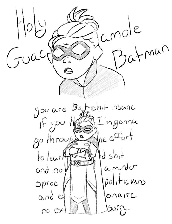 GraveCoal's tweet photo. Asked for art ideas, someone said me as Robin. 
Batman would simply not put up with me. https://t.co/smzntYpZgT