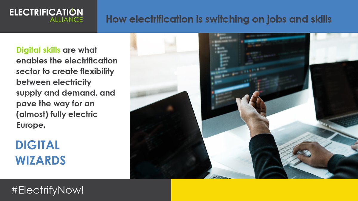 ⚡️👷‍♂️👩‍🔧  Our new report highlights the crucial role of #DigitalSkills in the #electrification sector. 

Discover how these skills enable flexibility in balancing #electricity supply and demand, paving the way for an almost fully electric Europe. 🇪🇺🔌 #EUSEW2023 

More details: 👉…