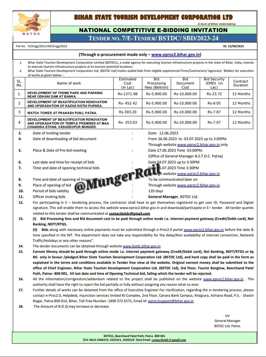 ▪️TENDER OF DEVELOPMENT OF BEAUTIFICATION RENOVATION. AND UPGRADATION OF TEMPLE PREMISES AT MAA. CHANDIKA STHAN,Munger , Rs- 3.5Cr.
▪️3.5cr की लागत से होगा शक्तिपीठ मां चंडिका स्थान के मंदिर का सौंदरीकरण , टेंडर जारी ।
@TourismBiharGov 
#Munger #मुंगेर