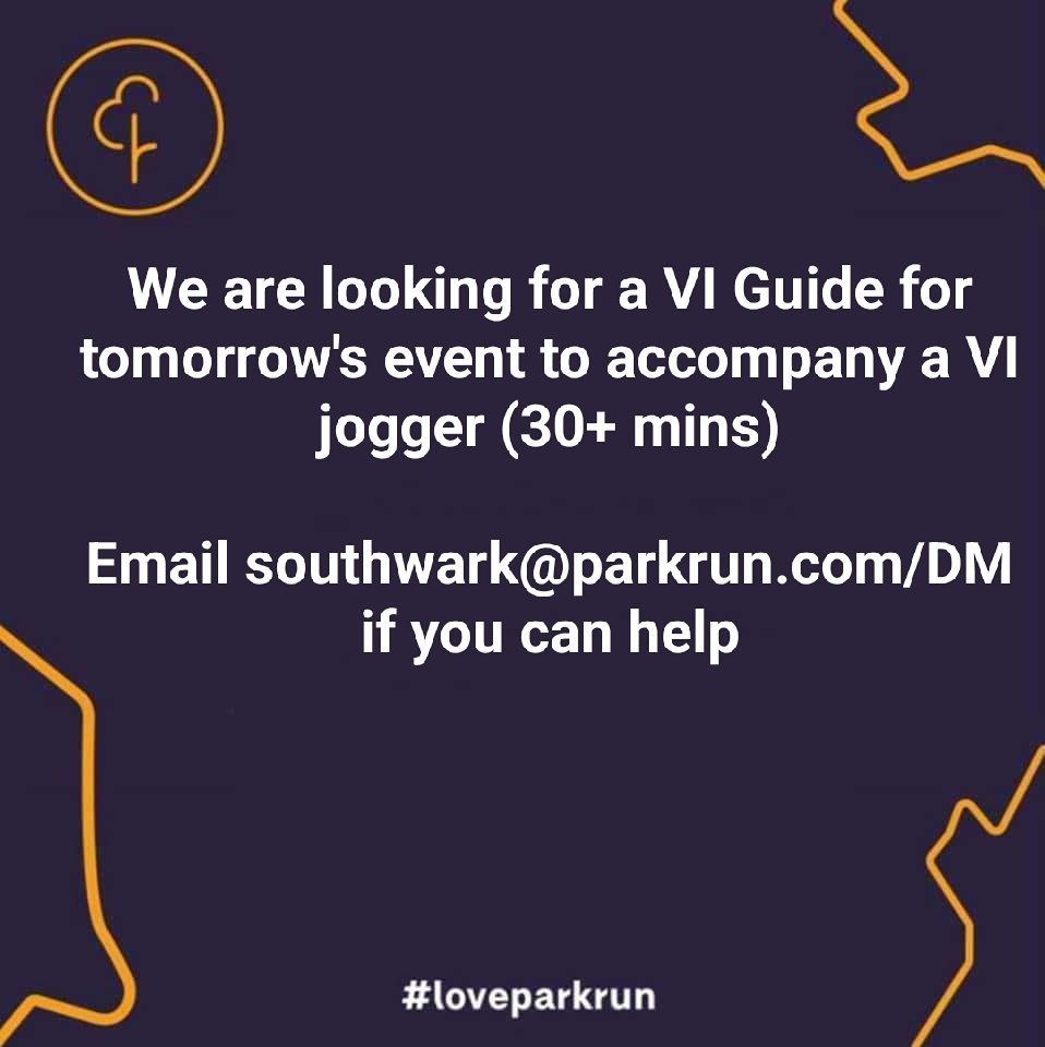 Any VI Guides out there who can help at Southwark parkrun this Saturday? @parkrunUK  @BritBlindSport #ukrunchat #loveparkrun