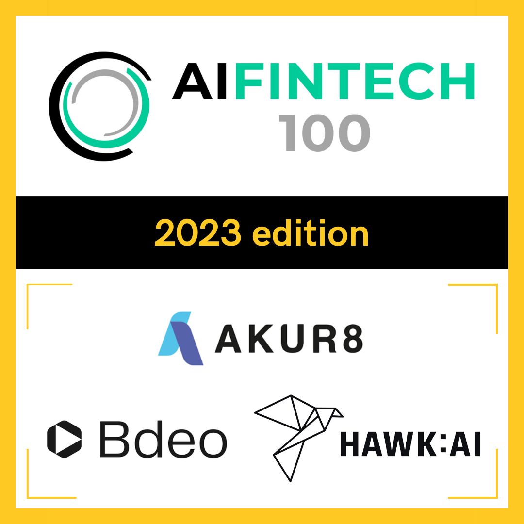 🏆 Congrats to AKUR8, Bdeo and HAWK:AI who join FinTech Global's very selective #AIFintech100 

🎯 The AIFintech100 is an annual list of 100 of the world’s most innovative #AI solution providers for #financialservices selected by a panel of industry experts and analysts