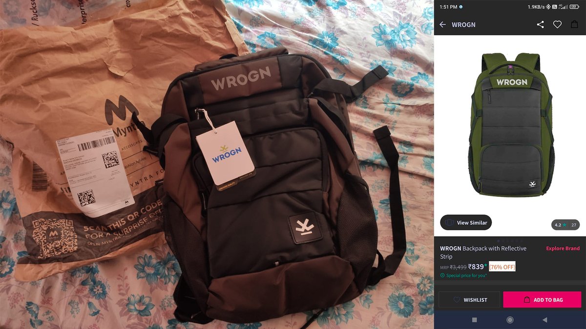 Got Wrong Colour Bag Hmmm...... 😡
I ordered Olive Green not brown, I need the exact colour which I ordered not a random colour.
Order ID # 1238426 20851706292803
@myntra @MyntraSupport 
#myntra #wrogn #ViratKohli #virat #backpack