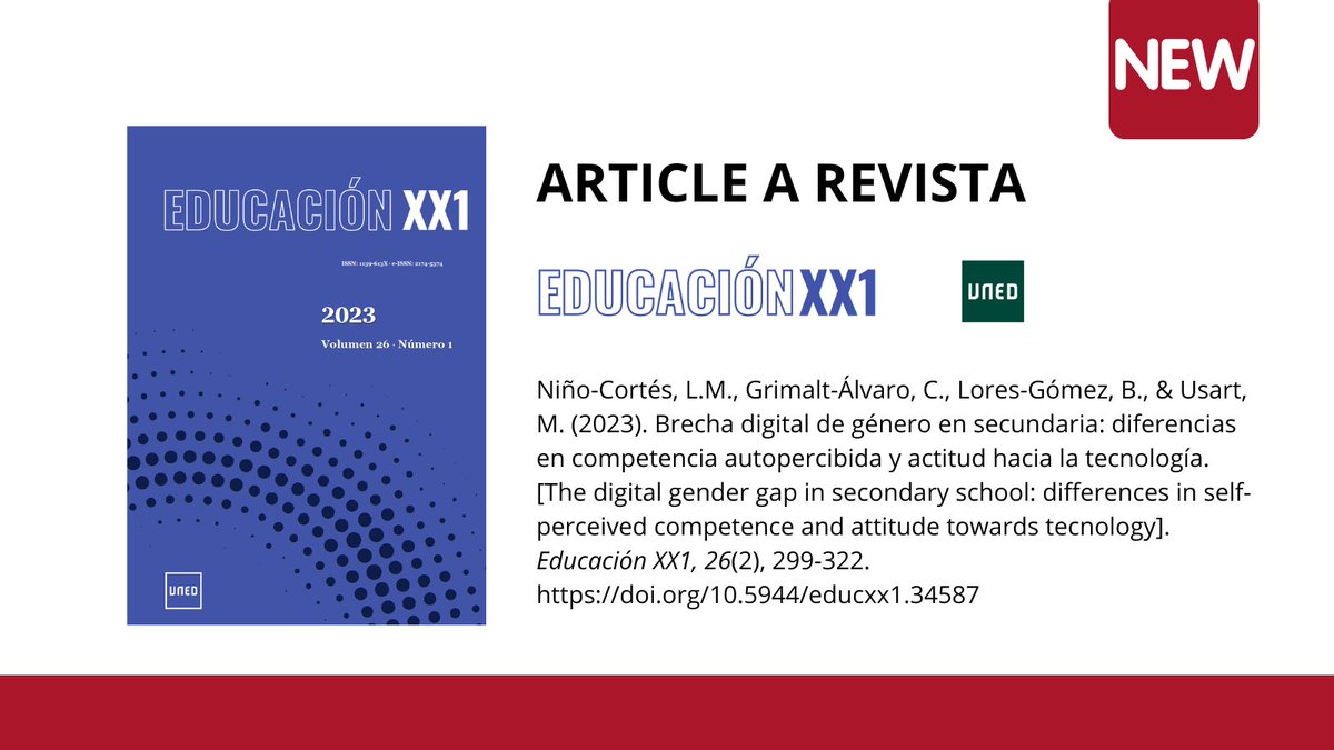 ARGET (@argeturv) on Twitter photo Nuevo artículo en <a href="/EducacionXX1/">Educación XX1</a>
Brecha digital de género en secundaria: diferencias en competencia autopercibida y actitud hacia la tecnología revistas.uned.es/index.php/educ…
👥 Luz Mayra Niño-Cortés, Carme Grimalt-Álvaro, Beatriz Lores-Gómez y Mireia Usart Nuevo artículo en <a href="/EducacionXX1/">Educación XX1</a>
Brecha digital de género en secundaria: diferencias en competencia autopercibida y actitud hacia la tecnología revistas.uned.es/index.php/educ…
👥 Luz Mayra Niño-Cortés, Carme Grimalt-Álvaro, Beatriz Lores-Gómez y Mireia Usart