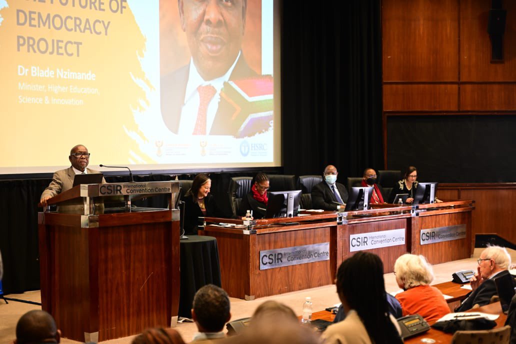 OCJ_RSA's tweet photo. Dr Blade Nzimande, the Minister of Higher Education, Science &amp; Innovation speaking about the vision for the Future of Democracy Project ahead of the keynote address by Chief Justice Zondo. 
#HSRCza #Colloquium #ZondoCommission https://t.co/valsafuj4Z