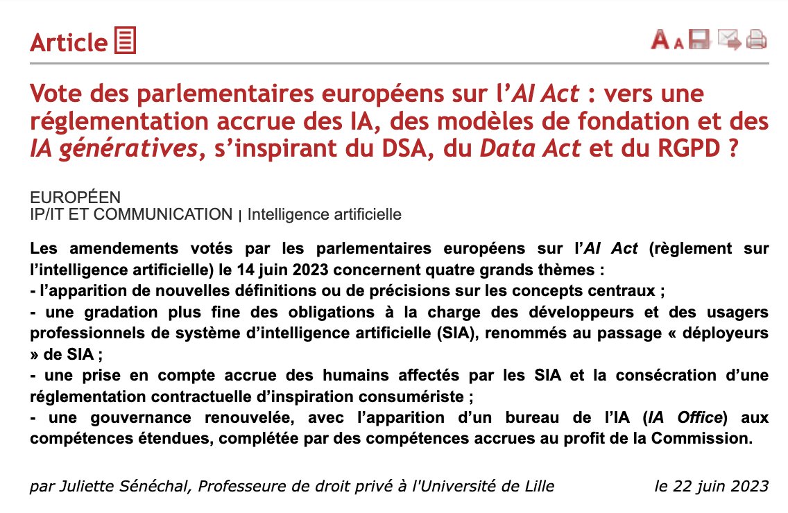 Article précieux de J. Sénéchal au <a href="/Dalloz/">Editions Dalloz</a> du jour sur #AIAct <a href="/Europarl_FR/">Parlement européen en France</a>.
La prise de conscience des effets de l'IA provoquée par ChatGPT conduit à doubler la "logique de prévention souple" originale par une "logique de réglementation plus poussée" sur les modèles DMA &amp; DSA.