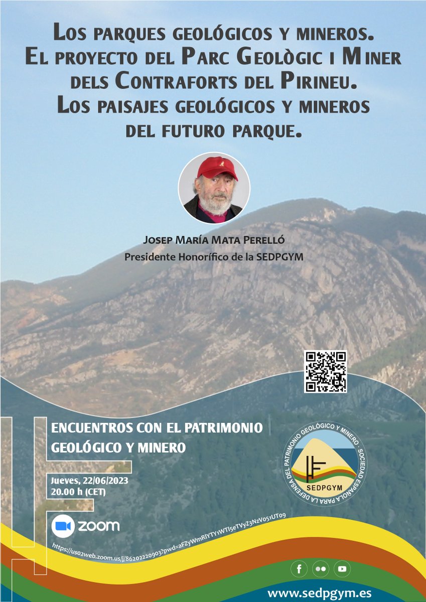 📣 Los parques geológicos y mineros. El proyecto del Parc Geològic i Miner dels Contraforts del Pirineu. Los paisajes geológicos y mineros del futuro parque.
Josep María Mata Perelló
Presidente Honorífico de la SEDPGYM
🕗. Jueves, 22/06/2023 - 20.00 h
sedpgym.es/actividades/en…
