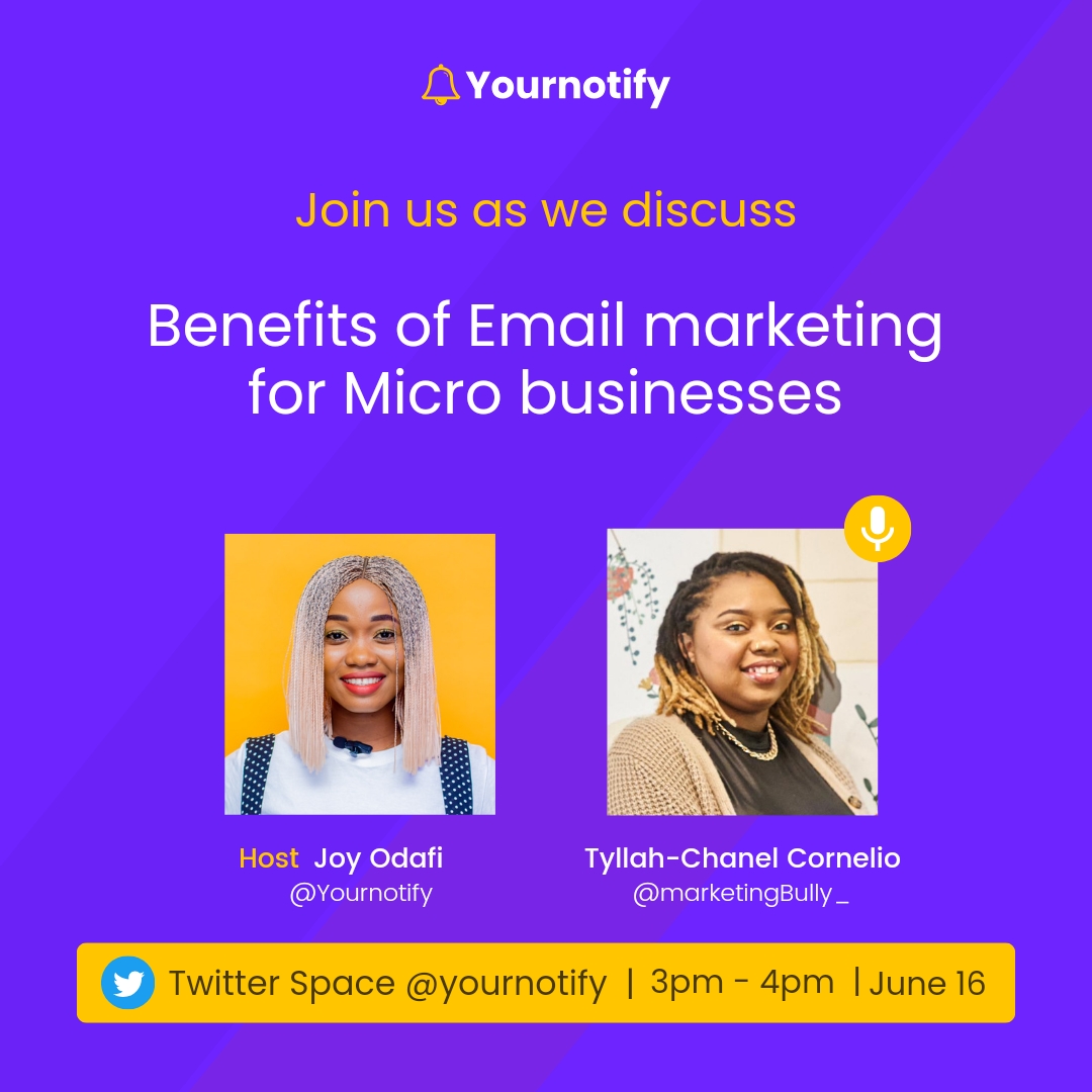 Join us tomorrow, Friday, at 3pm Nigerian time for a Twitter Space with @MarketingBully_  Tyller-chanel Cornelio as we discuss the benefits and new strategies of #emailmarketing.

Click this link to set your reminder twitter.com/i/spaces/1zqJV…

Let's chat and learn together! 🤝