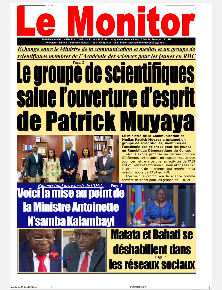 AsjRdc's tweet photo. L'audience de l'@AsjRdc avec SEM @PatrickMuyaya au @Com_mediasRDC à la une des journaux.  #ASJRDC : LA SCIENCE AU SERVICE DE LA SOCIÉTÉ https://t.co/VhVLvG5MR9