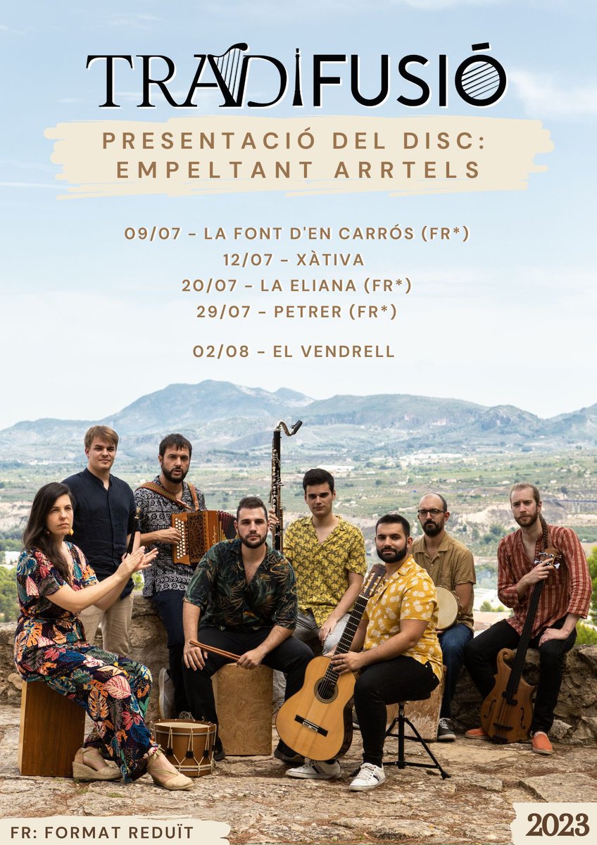 tradifusio's tweet photo. Perlesss ja tenim ací l’estiu! 
Ací teniu els concerts que farem al juliol i l’agost ✨
 Esperem que algun d’aquests concerts us quede a prop per poder veure’ns!
#tradifusio #empeltantarrels #cultura #musicavalenciana #musicatradicional https://t.co/C1QwvzoydD