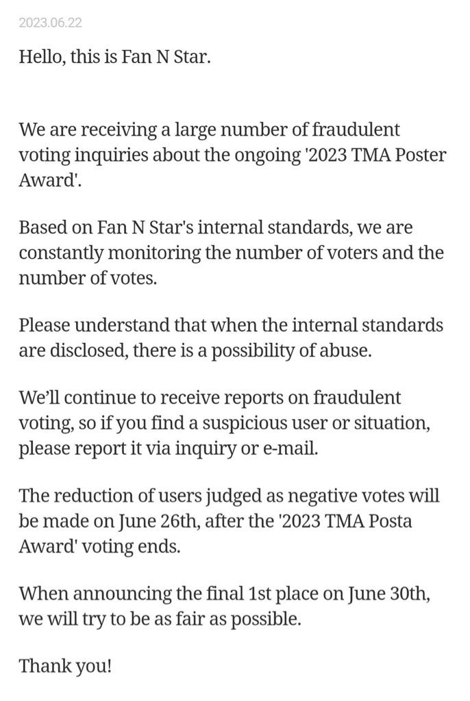 keep your votes on fannstar organic stays, votes appearing fraudulent or inorganic will be deleted AFTER voting ends, and the final result will only be published 4 days later

do not use methods such as emulators or macros which will be deleted

we will stay organic to win this.