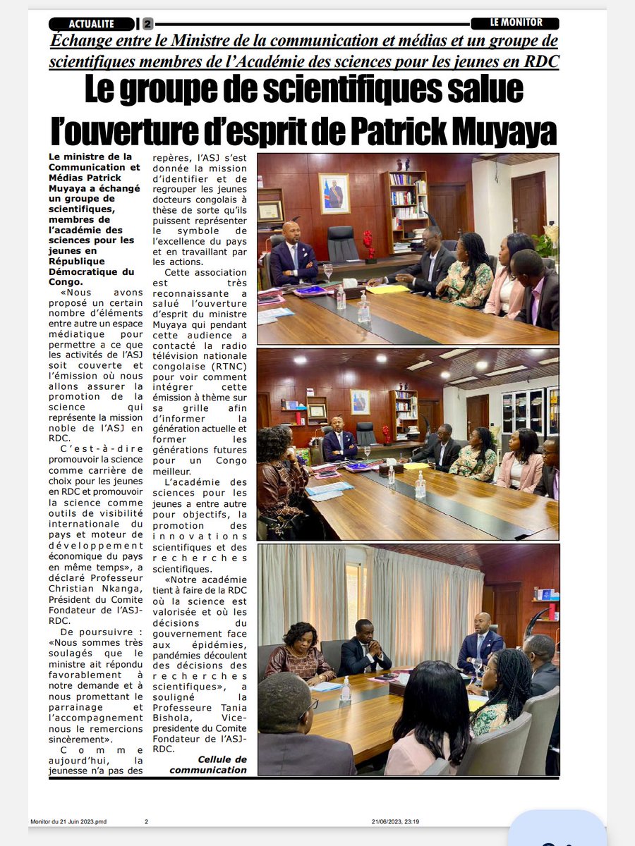 AsjRdc's tweet photo. L'audience de l'@AsjRdc avec SEM @PatrickMuyaya au @Com_mediasRDC à la une des journaux.  #ASJRDC : LA SCIENCE AU SERVICE DE LA SOCIÉTÉ https://t.co/VhVLvG5MR9