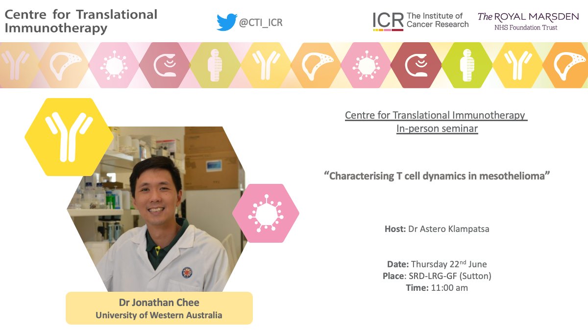 🚨 CTI Seminar Today 🚨

Dr Jonathan Chee <a href="/theimmunologist/">jonchee</a> (from <a href="/uwanews/">UWA</a> ) will be talking about novel therapies and accurate predictors of treatment outcomes for patients with mesothelioma.