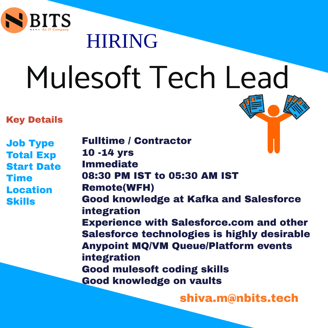 nbits_itcompany's tweet image. Hiring &quot;Mulesoft Tech Lead&quot;

Job Type: Full-Time/Contractor
Experience: 10 to 14 Years
Duration: Long Term
Timings: 8.30 PM to 5.30 AM IST
Start Date: ASAP
Location: Remote(WFH)
If you are interested please share your cv with Shiva.M@nbits.tech

#mulesoft #mulesoftdevelopers