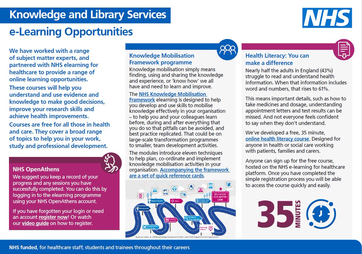 Great flyer providing more information about e-learning programmes available on the eLearning or Healthcare platform!
More details here:
e-lfh.org.uk
#BHTLibrary #elearning #healthliteracy #knowledgemobilisation