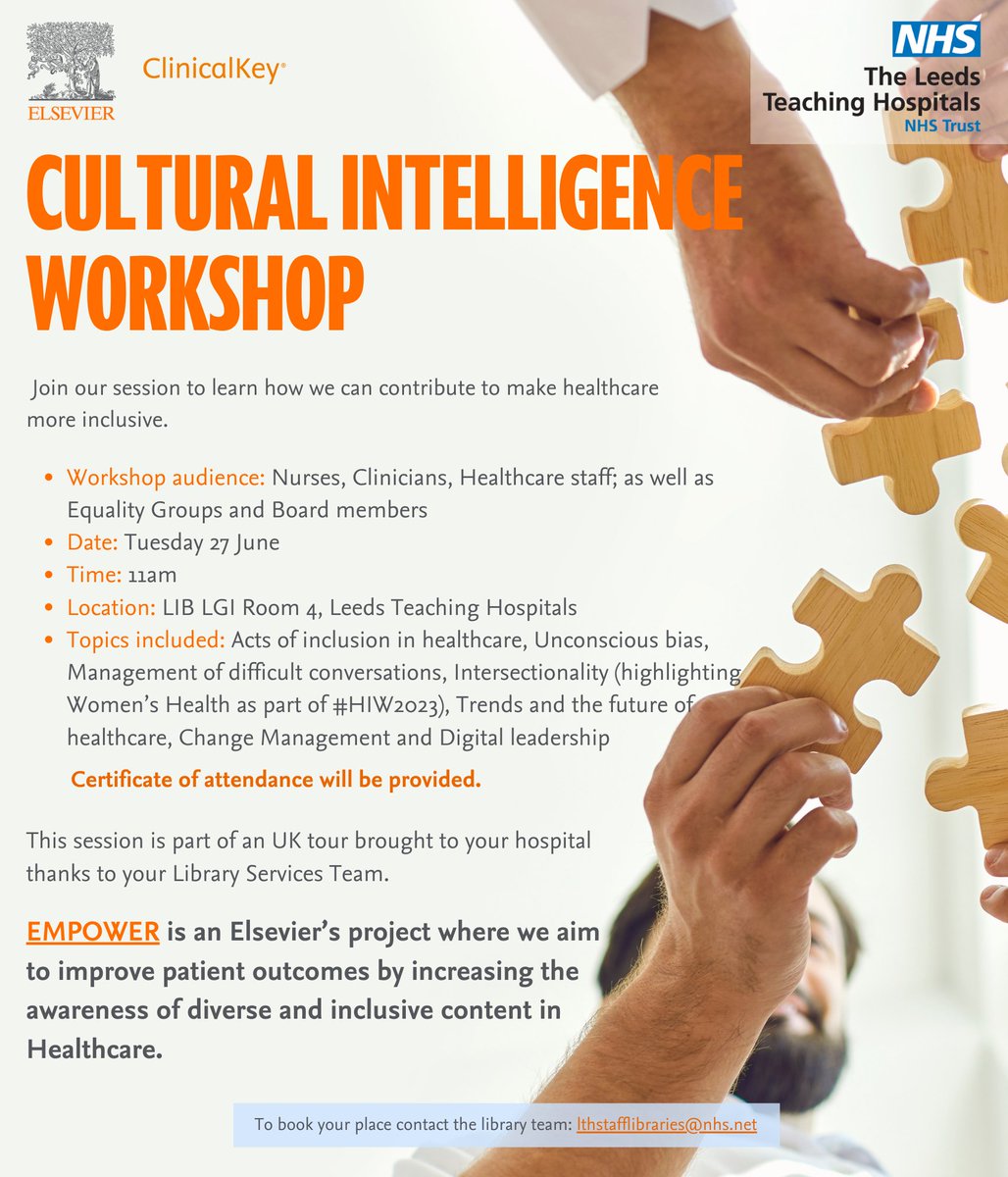 Email us to book your place on the @ClinicalKey  'Cultural Intelligence Workshop' held at our library in LGI. Details now on the intranet events page. @LTHTLGBT @LTHT_BME @getmebetter @LTHT_People @PatientExpLTHT