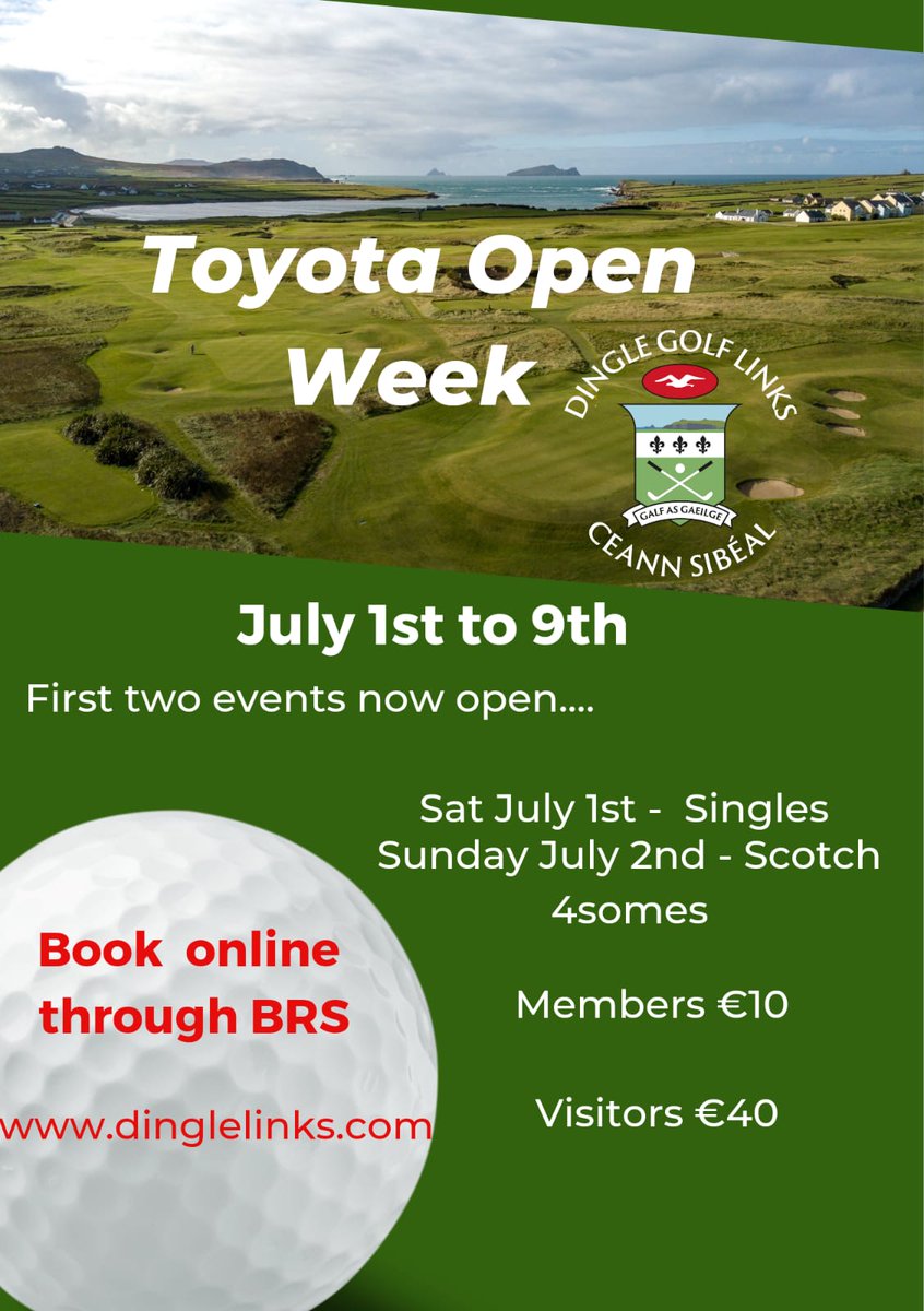 Toyota Open Week is coming! 
Looking forward to some fantastic competitive golf out on the links sponsored by <a href="/toyotaireland/">Toyota Ireland</a>  

July 1st &amp; 2nd timesheets now open. 
Book online at:

visitors.brsgolf.com/ceannsibeal#/o…