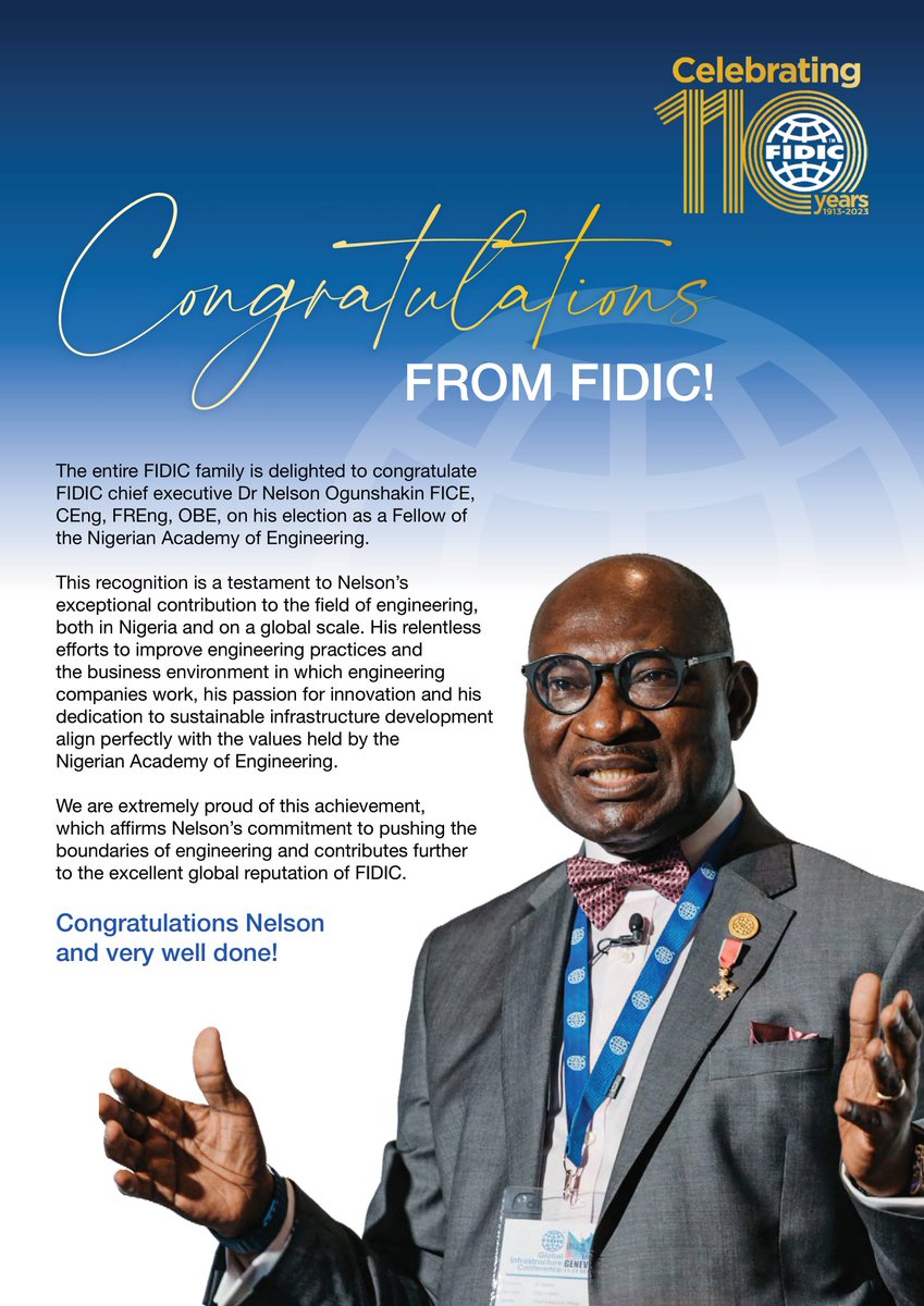 🎉 We are delighted to announce that FIDIC's CEO, <a href="/DrNOgunshakin/">Dr Nelson Ogunshakin CEng, FREng, OBE</a>, has been elected as a Fellow of the Nigerian Academy of Engineering!

This prestigious recognition is a testament to Dr Ogunshakin's exceptional contributions to the field of engineering, both in #Nigeria and