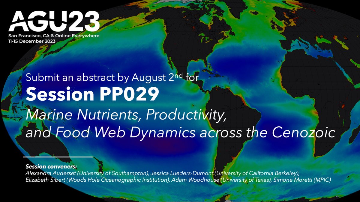 Do you think a lot about past marine ecosystem dynamics? Is the Cenozoic your favourite time period? Consider submitting an abstract for our #AGU23 #PP029 session about “Marine Nutrients, Productivity, and Food Web Dynamics across the Cenozoic”!