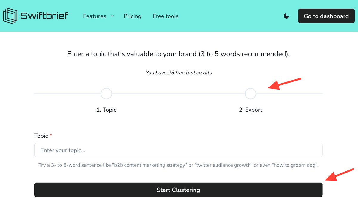 We fixed the flow of our free clustering tool, it was very bad before.

We'll soon be adding an option to upload your base keywords from other tools in the paid option.

-> swiftbrief.com/tools/keyword-…