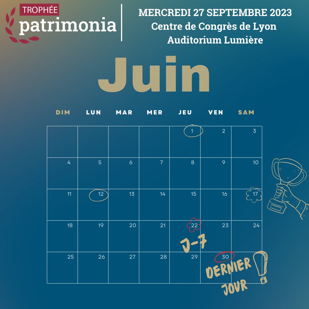📌J-7 avant la clôture des candidatures !
Il ne vous reste plus beaucoup de temps pour nous montrer vos succès ! ☀️

🏆 Pour candidater : lnkd.in/eCrF5M7p
Pour s'inscrire à la 30ème édition 👉 lnkd.in/gmx7UaW9

#patrimonia #trophées