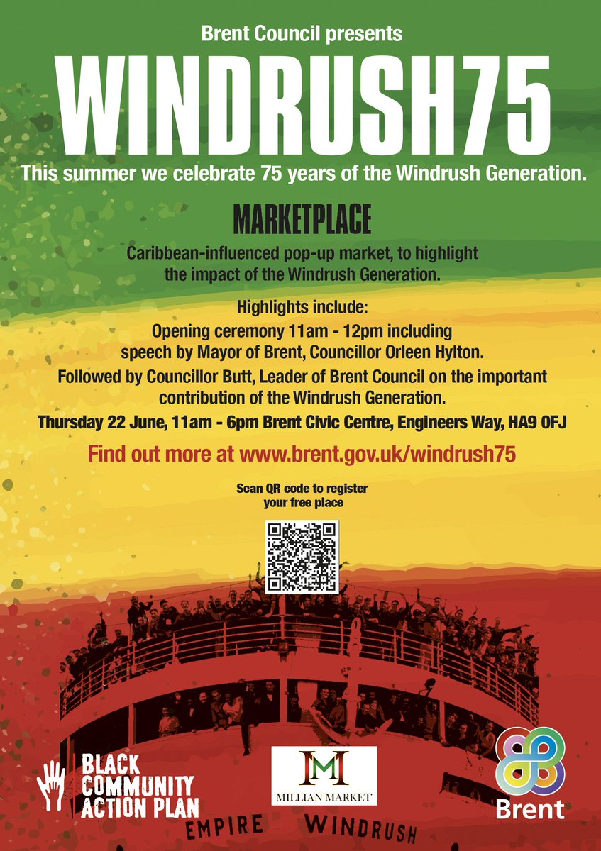 There are several events taking place across London today on Windrush Day to mark #Windrush75. In addition to #Ealing (Pitzhanger Manor House), neighbouring boroughs also hosting events: Hammersmith (Shepherds Bush Green) and Brent (Civic Centre) See details below.