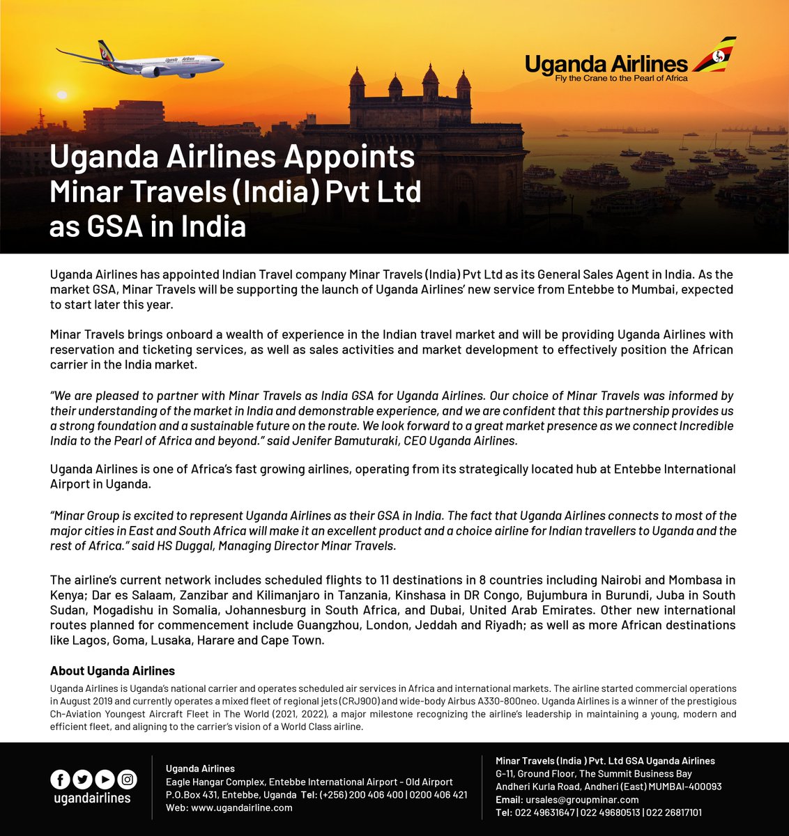 Uganda Airlines on Twitter "Uganda Airlines has partnered with Minar