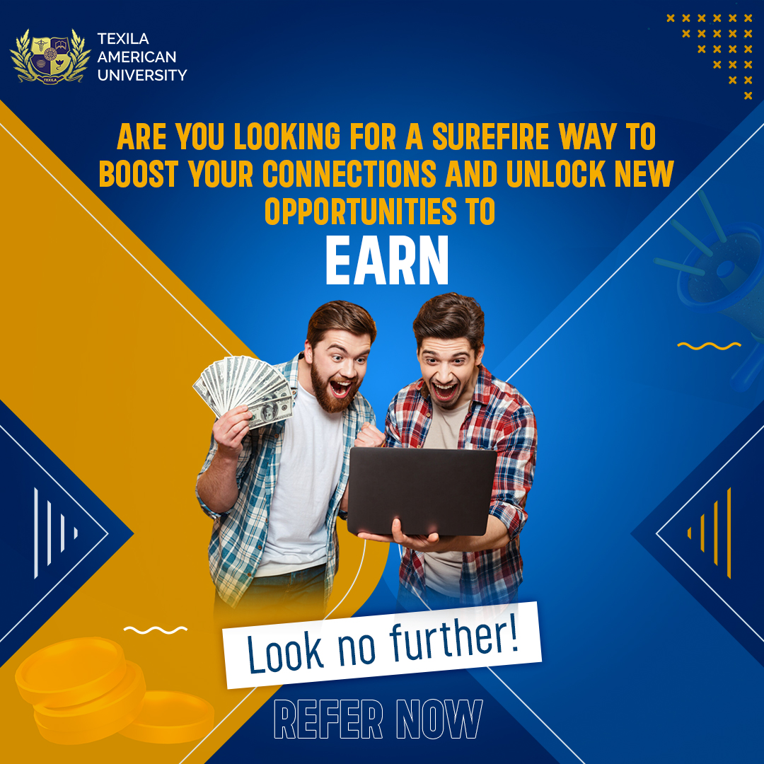 Don't miss out on this chance to pursue your dreams and achieve academic excellence. Refer now and embark on a transformative learning experience with us. Connect & Refer with Texila! Enroll now - dblp.ucnedu.org/dblp-joinnow/