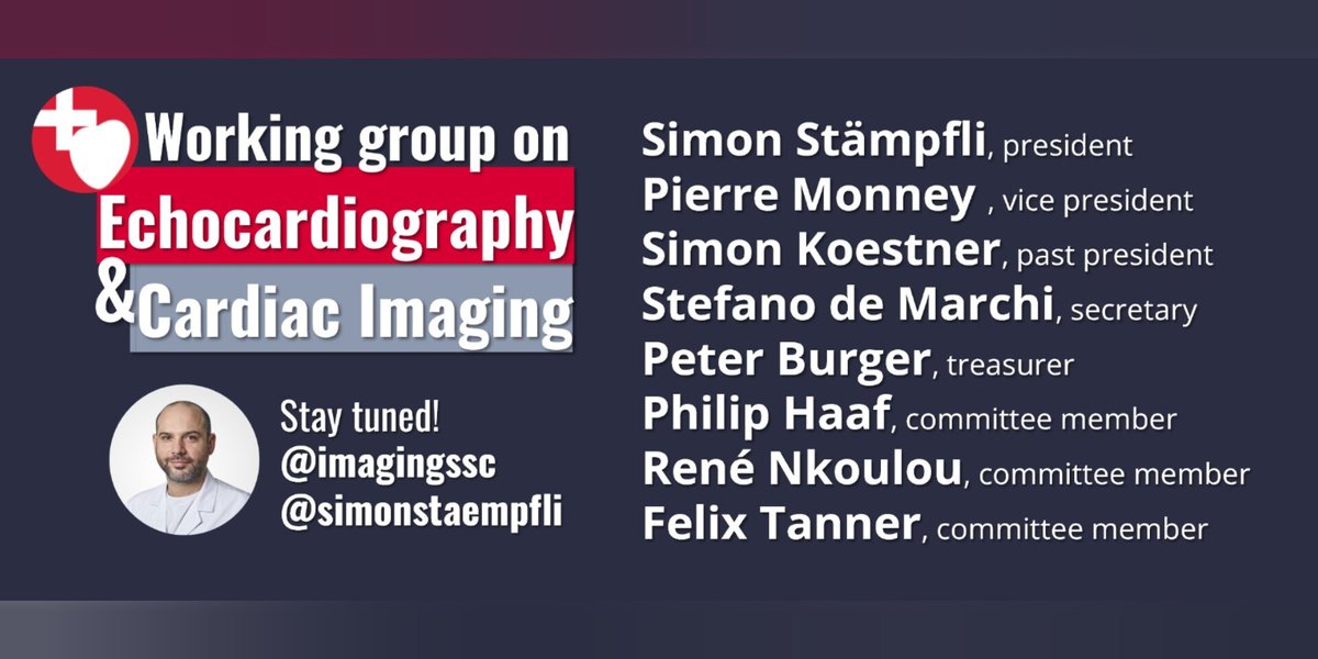 🔥The <a href="/imagingssc/">Swiss Cardiac Imaging - a working group of the SSC</a> new board is announced!#Congratulations @simonstaempfli, the new president &amp; the well-renowned <a href="/SwissCardio/">SwissCardio</a> board 🇨🇭 Stay tuned with our @Twitter channels!
#EchoFirst #WhyCMR #YesCCT #ThinkPET

<a href="/KantonsspitalLU/">Luzerner Kantonsspital</a> <a href="/cardioCHUV/">Service de cardiologie du CHUV</a> <a href="/CardioZurich/">Cardiology USZ</a>  <a href="/UniBasel/">Universität Basel</a> @CotSwiss