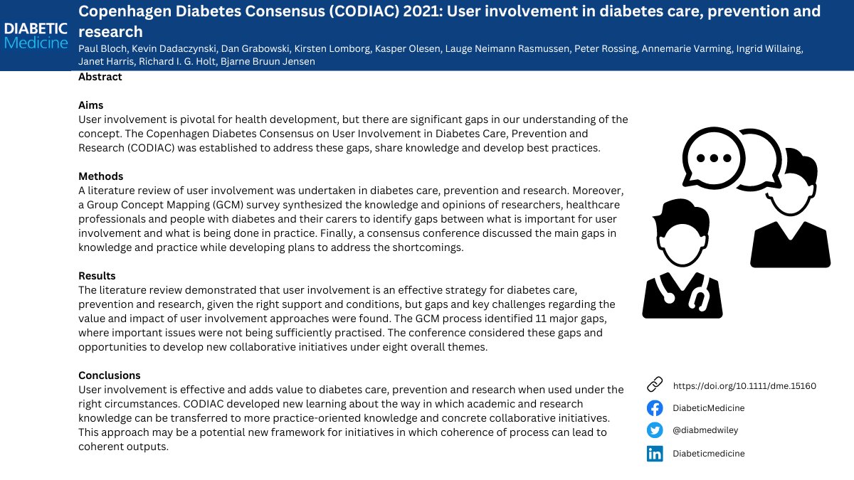 New article exploring the importance of user involvement in diabetes care, prevention and research by Paul Bloch et al.

Click the link below for the #openaccess article
👉doi.org/10.1111/dme.15…

#diabetescare #diabetes #medicaleducation