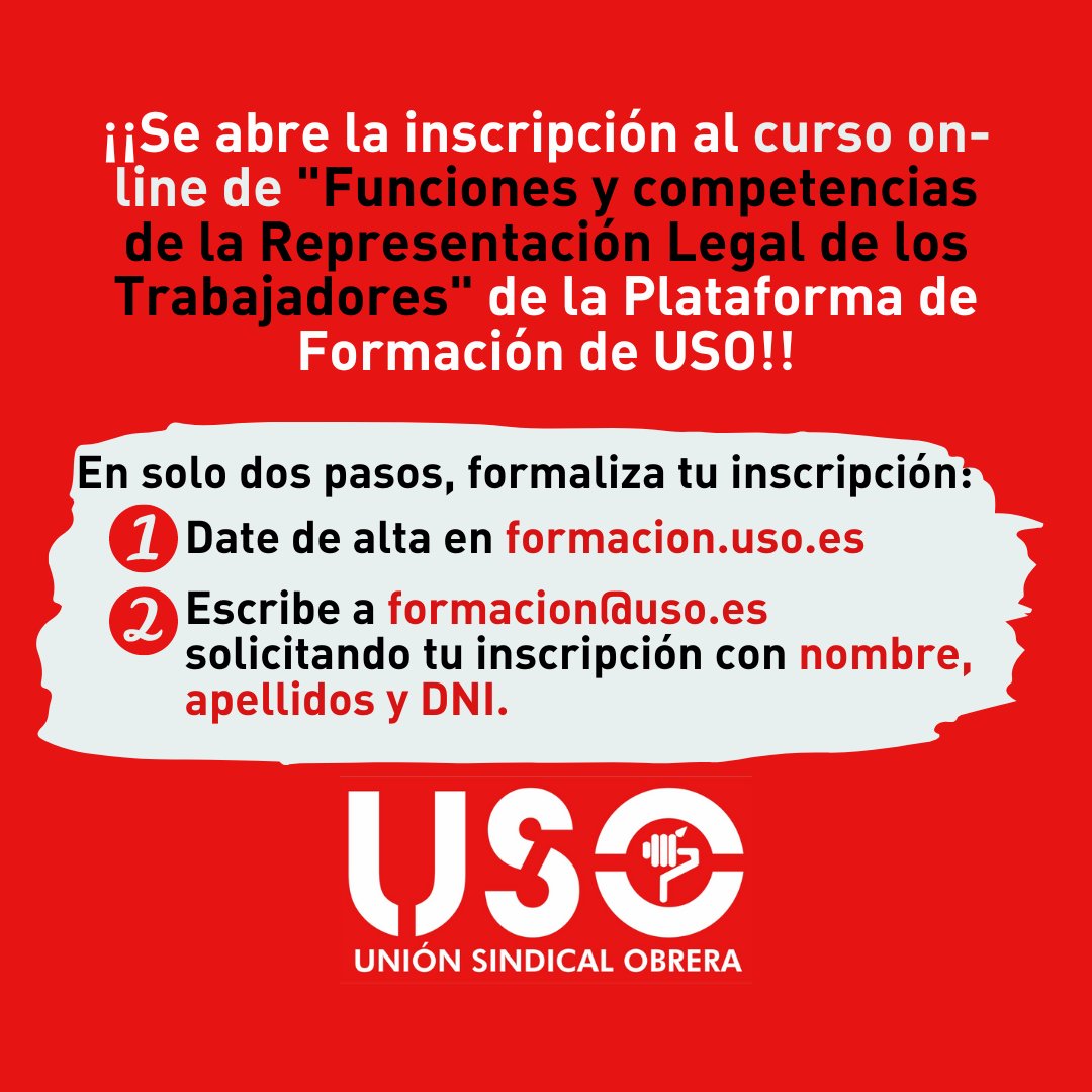 💥💥💥 ¡Nuevo #CursoOnline en la plataforma de #formacion de #USO!
Date prisa, inscríbete. Un servicio gratuito para nuestra afiliación. #ConstruyendoFuturo