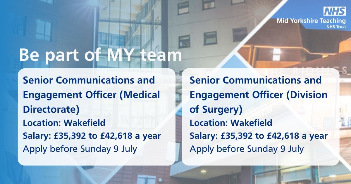 MidYorkshireNHS's tweet photo. We are looking for a two full time, Communications Officers to join our friendly team.โ๏ธ
Find out more and apply here:โญ https://t.co/qnDbTdMHRV
The closing date is Sunday 9 July.
#MidYorksNHS #MYTeam #BePartOfMYTeam #allMYteam #NHSJobs https://t.co/z4Zp7fljmP