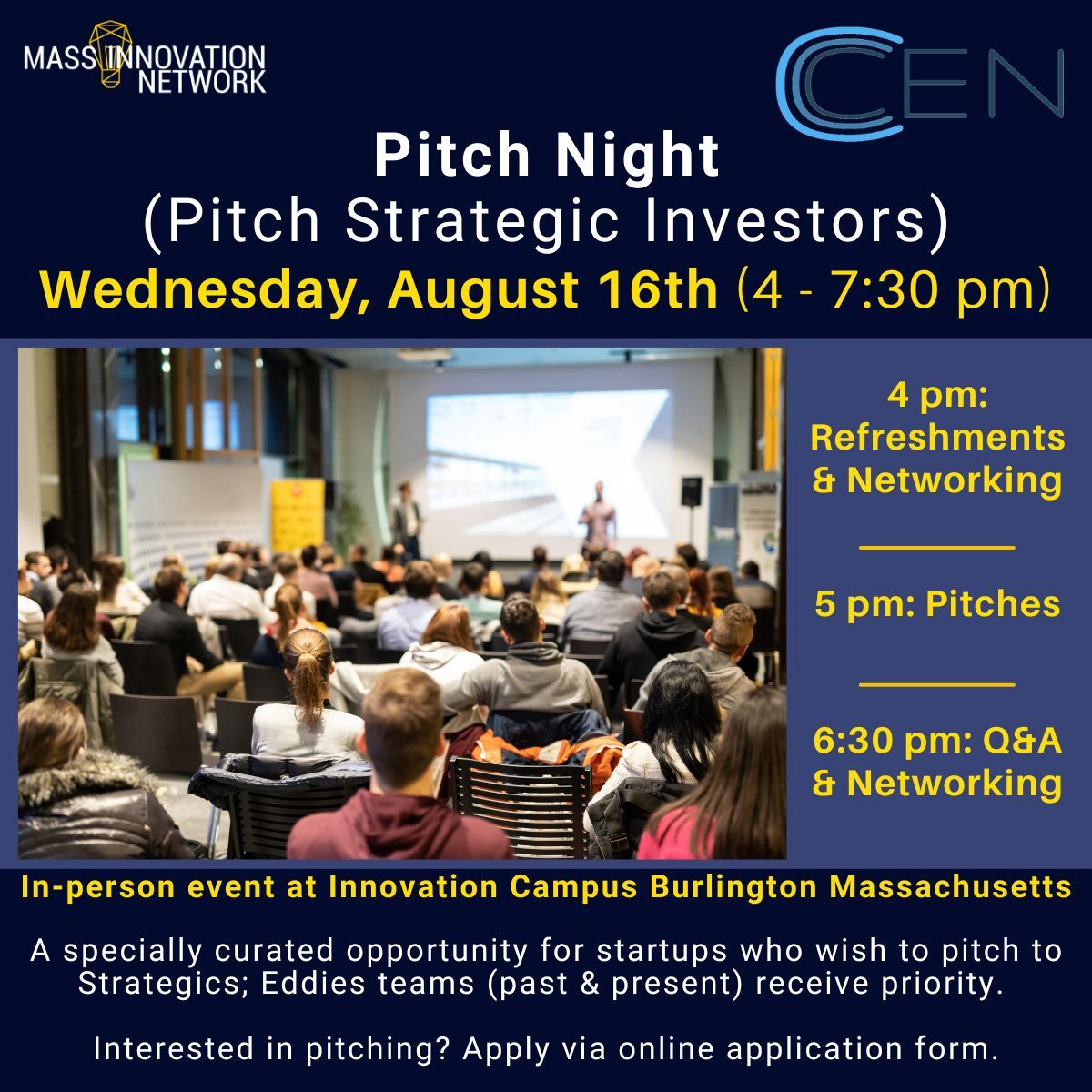 Now Accepting Applications!!  Deadline-6/30  

To Apply - bit.ly/42GZf23 

Join us of an evening for Eddies teams &amp; other startup founders to meet reps, VCs &amp; innovation scouts of global companies, discuss collaboration possibilities &amp; pitch their technologies.