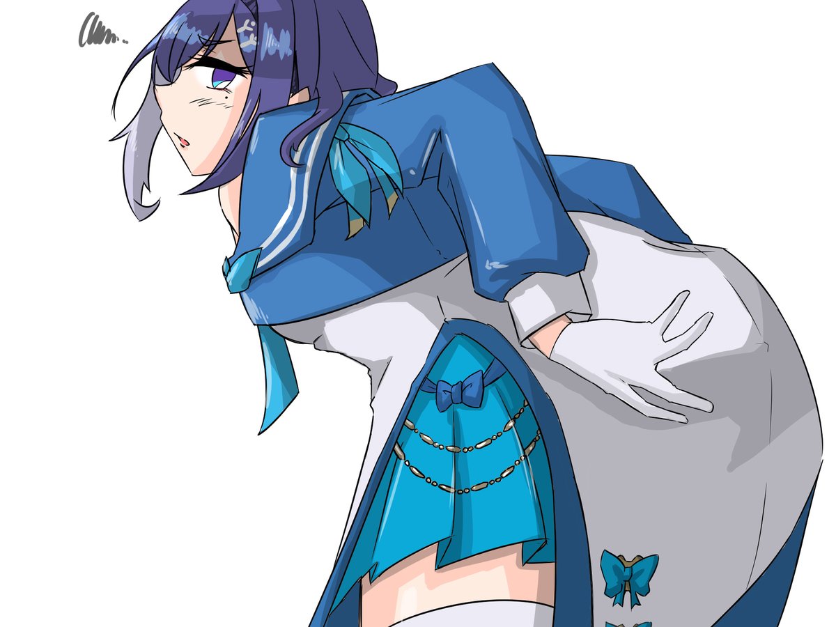1girl solo gloves skirt thighhighs blue hair white background  illustration images