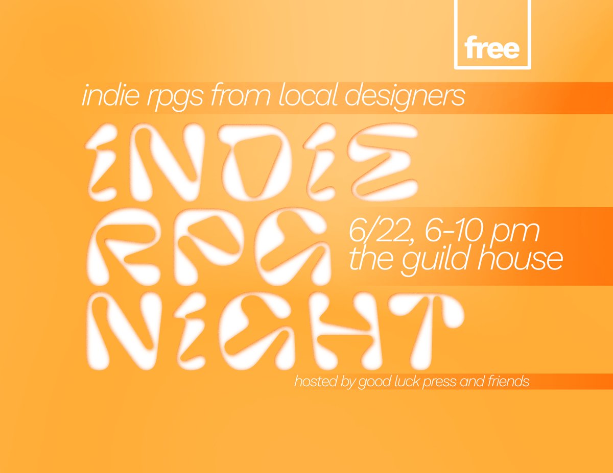 hello toronto-area game likers, tonight is the first INDIE RPG NIGHT, over at the Guild House. come by and play some games!
