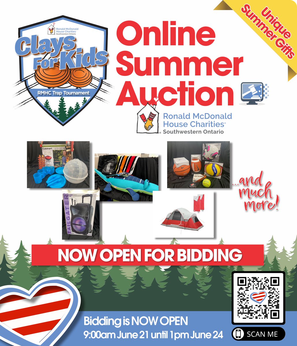 Online summer auction NOW OPEN!! Get ready for summer with these great items and feel good knowing your bid will help families stay close at RMHC Southwestern Ontario! claysforkids2023.ggo.bid/bidding/packag…
#KeepingFamiliesClose #ShopForGood #ClaysforKids #SummerAuction