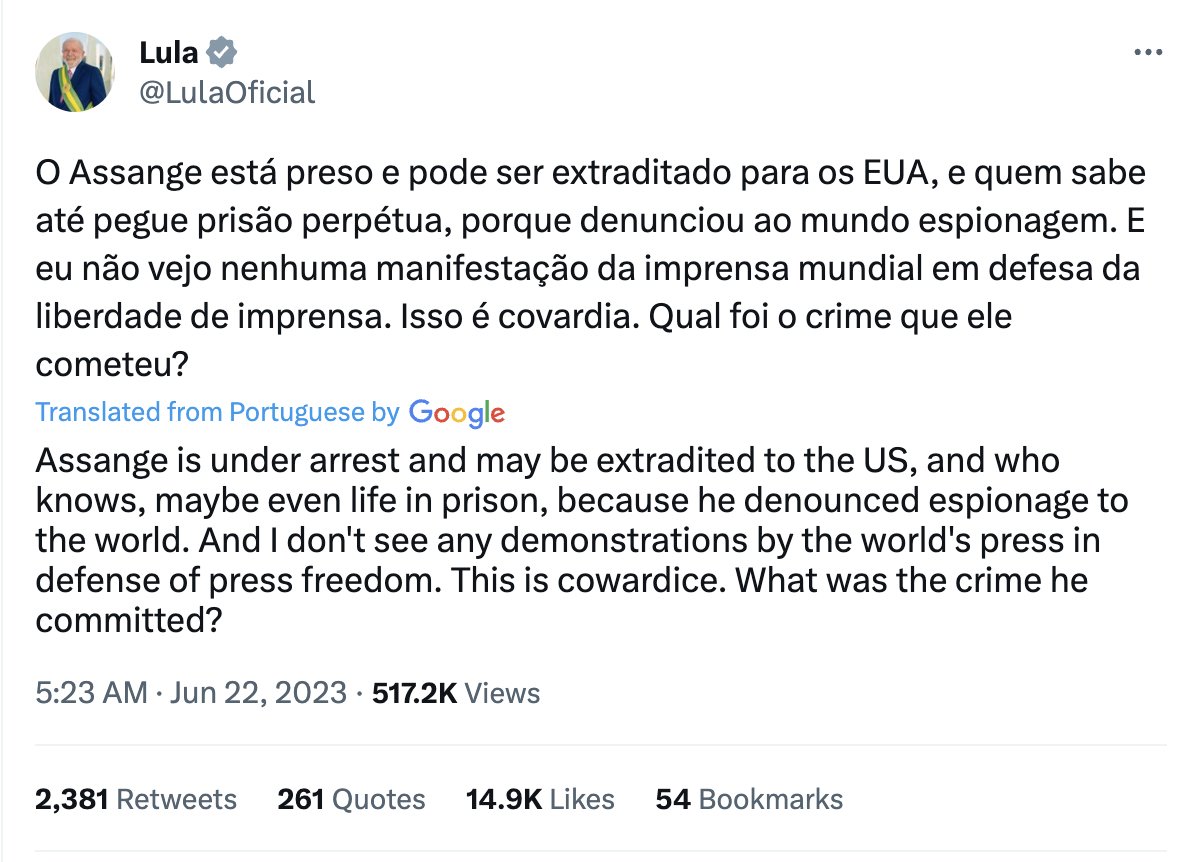 Brazil's President Lula da Silva continues his righteous, years-long crusade for Julian Assange's freedom. Lula has repeatedly - and correctly - heralded Assange as a hero. He again expresses disgust that Western journalists do nothing to protest his persecution ('cowardice').