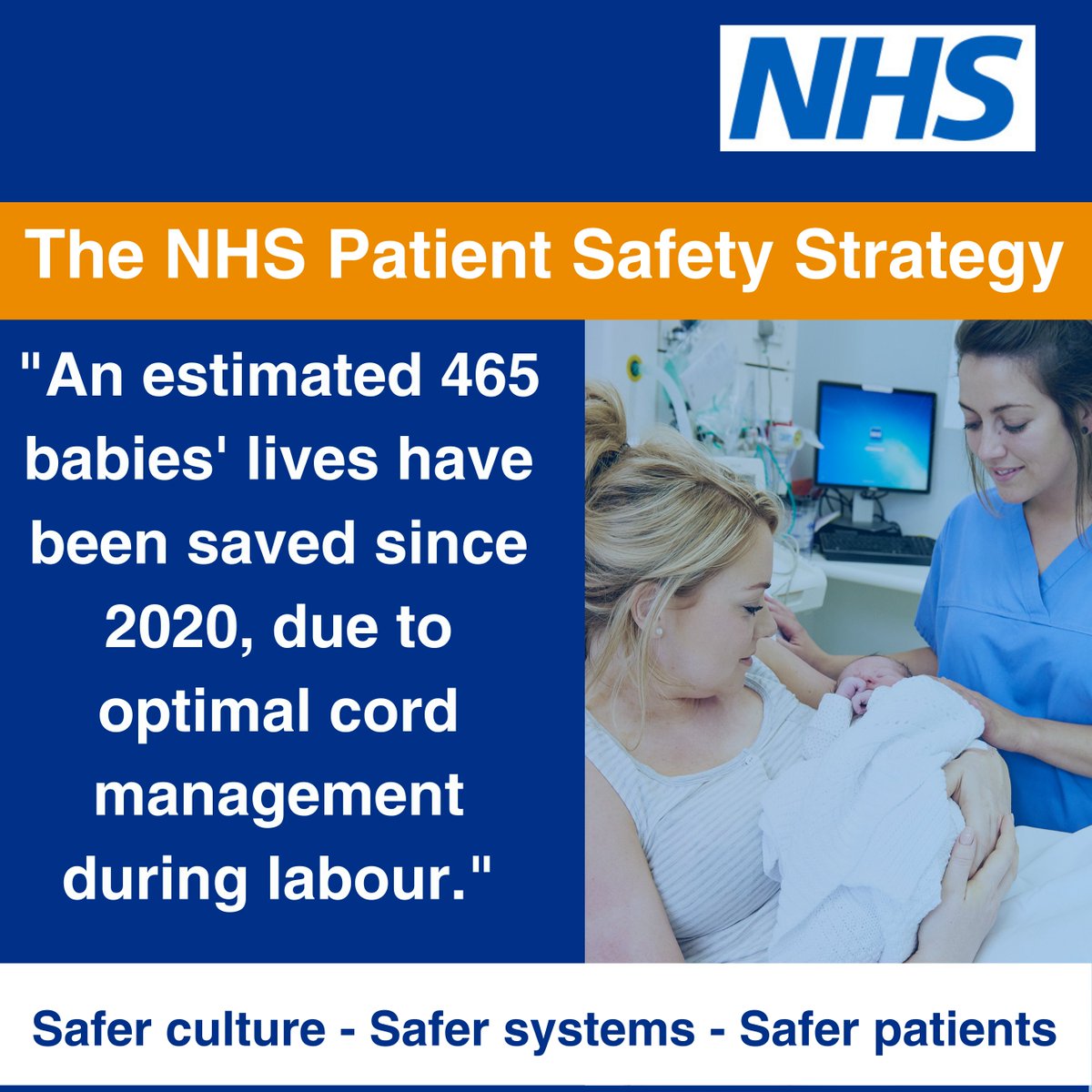 Our new NHS #PatientSafety strategy case studies share examples of the impact the strategy is having, including an estimated 465 babies lives saved since 2020, due to optimal cord management during labour. england.nhs.uk/long-read/savi…