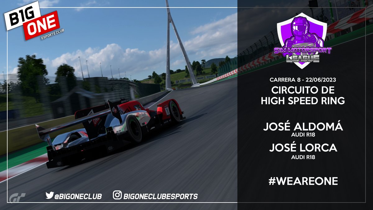#GT7

Vamos con la 8ª semana del #SimMotorsportLeague de <a href="/Desafio_GT/">Desafío SimRacing GT</a> 

Tras una gran victoria, volvemos con ganas de una gran carrera en High Speed Ring y el Gr.1

Correrá #JoséAldoma y @b1_joselorca

Retransmisión: youtube.com/@desafiosimrac…… 

❤️#WeAreOne