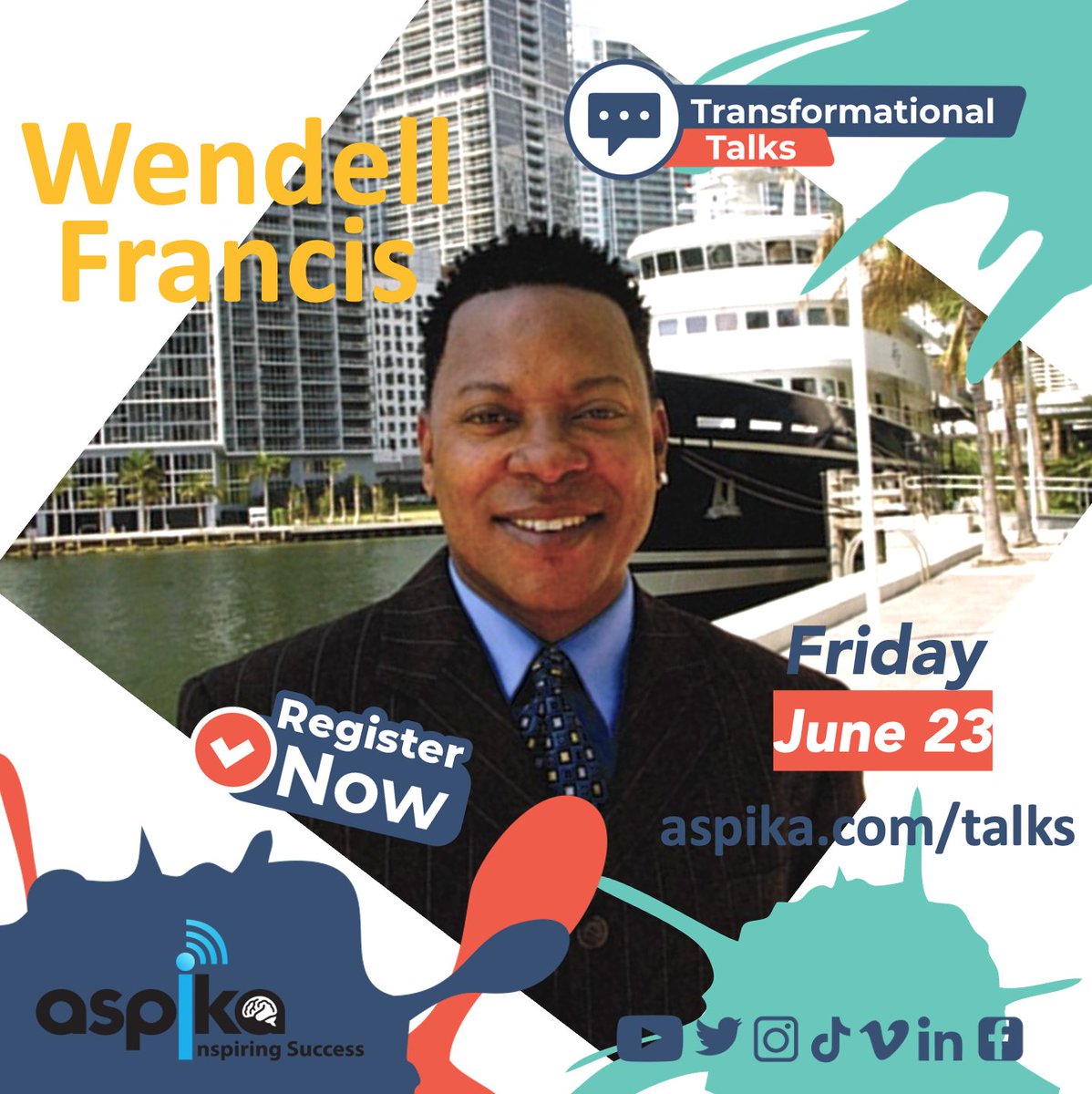 ASPIKA welcomes Wendell Francis
TOMORROW Friday, June 23
Register at aspika.com Talks
#aspika #neurodiversity #lovewhatyoudo #lovewhoyouare #loveyourself #beingme #careeropportunities #community #financialservices #investment #schools #university #students