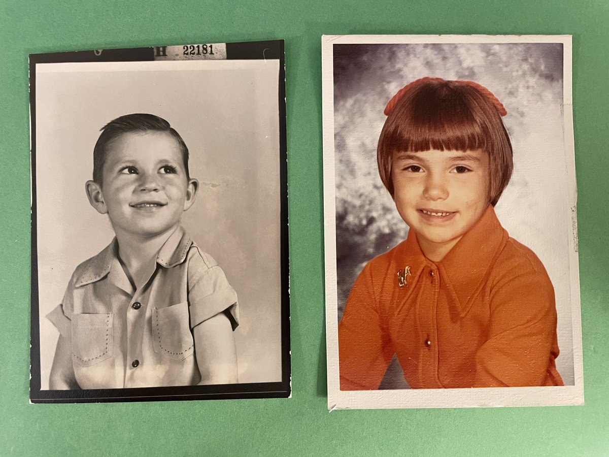 Pictures help stimulate the brain to bring back the best memories.  Bobby seeing something fly by and not looking at the camera. Me fake smiling because my Mom made me wear a ribbon in my hair.  😂 #FirstGrade