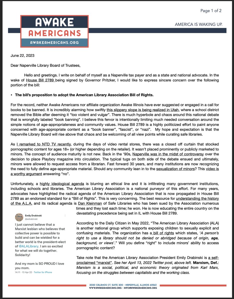 Shannon_A_IL's tweet image. Letter I sent to #Naperville Library Board of Trustees in response to #Illinois #HB2789. 
 
Disavow the #Marxist @ALALibrary and develop local policies that support #safelibraries

Age restricted doesn&apos;t mean #bookbanning

Call of Action: awakeil.com/post/call-of-a…

@SexHarassed