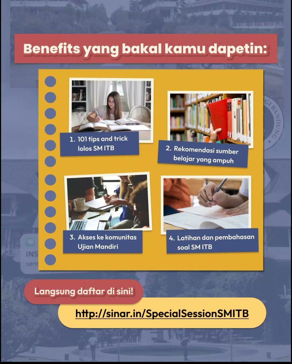 BersinarProject's tweet image. Langsung aja daftar supaya dapet banyak banget benefit dari sesinyang super duper mega spesial ini yaa Sob! 😱 Jangan lupa ajak temen-temen kalian juga yaa!

🔗 sinar.in/SpecialSession…

Minshine tunggu di kelas 👋

#BersinarBersama
#SMITB 
#UjianMandiri
#studytwt