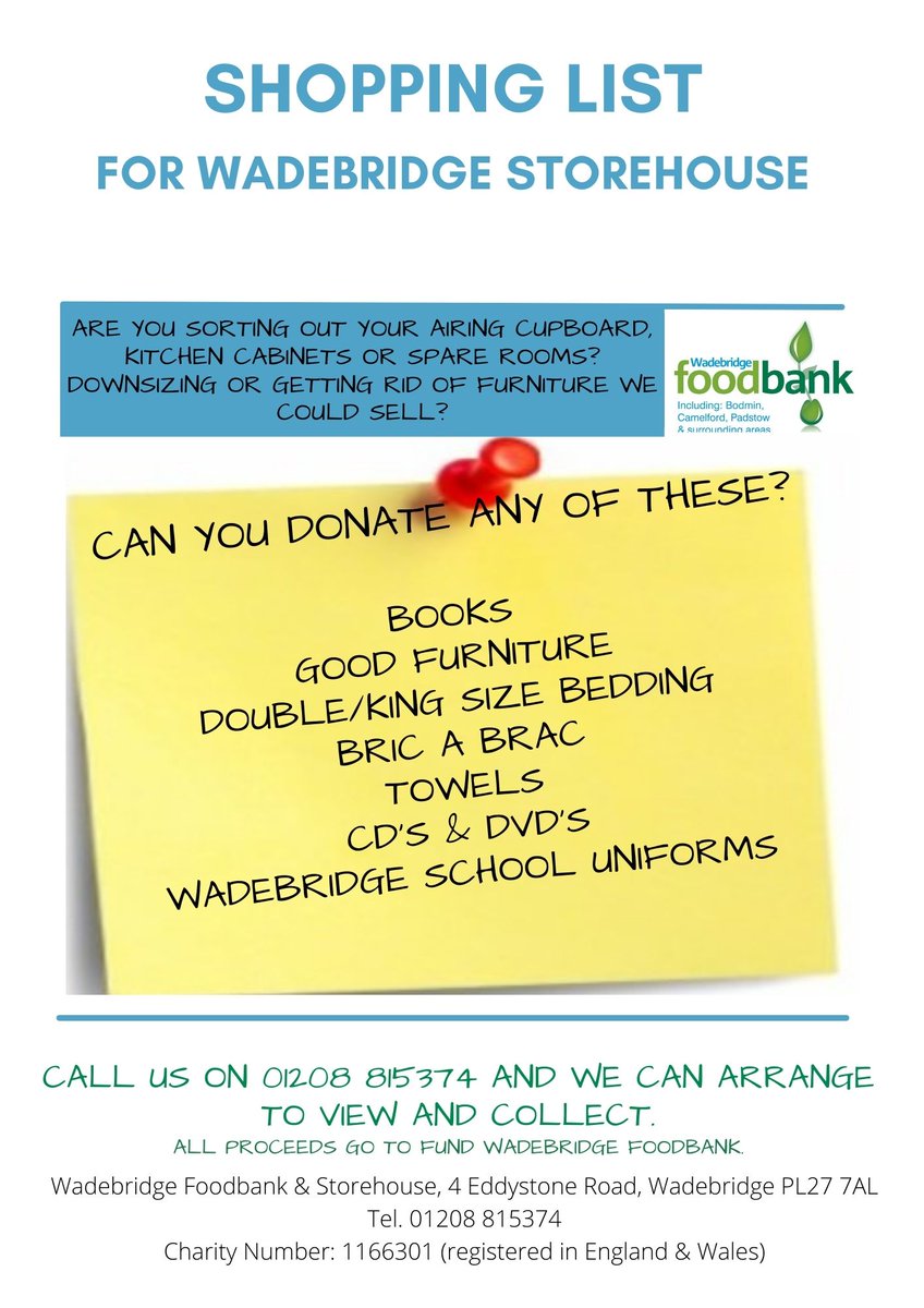 WadebridgeFoodbank (@wadebridgefb) on Twitter photo Can you help please? Needing donations of items that we can sell to raise funds for <a href="/WadebridgeFB/">WadebridgeFoodbank</a> . #Bedding #Towels #Homewares #Kitchenalia #Pans #DVDs #CDs #Books Can you help please? Needing donations of items that we can sell to raise funds for <a href="/WadebridgeFB/">WadebridgeFoodbank</a> . #Bedding #Towels #Homewares #Kitchenalia #Pans #DVDs #CDs #Books