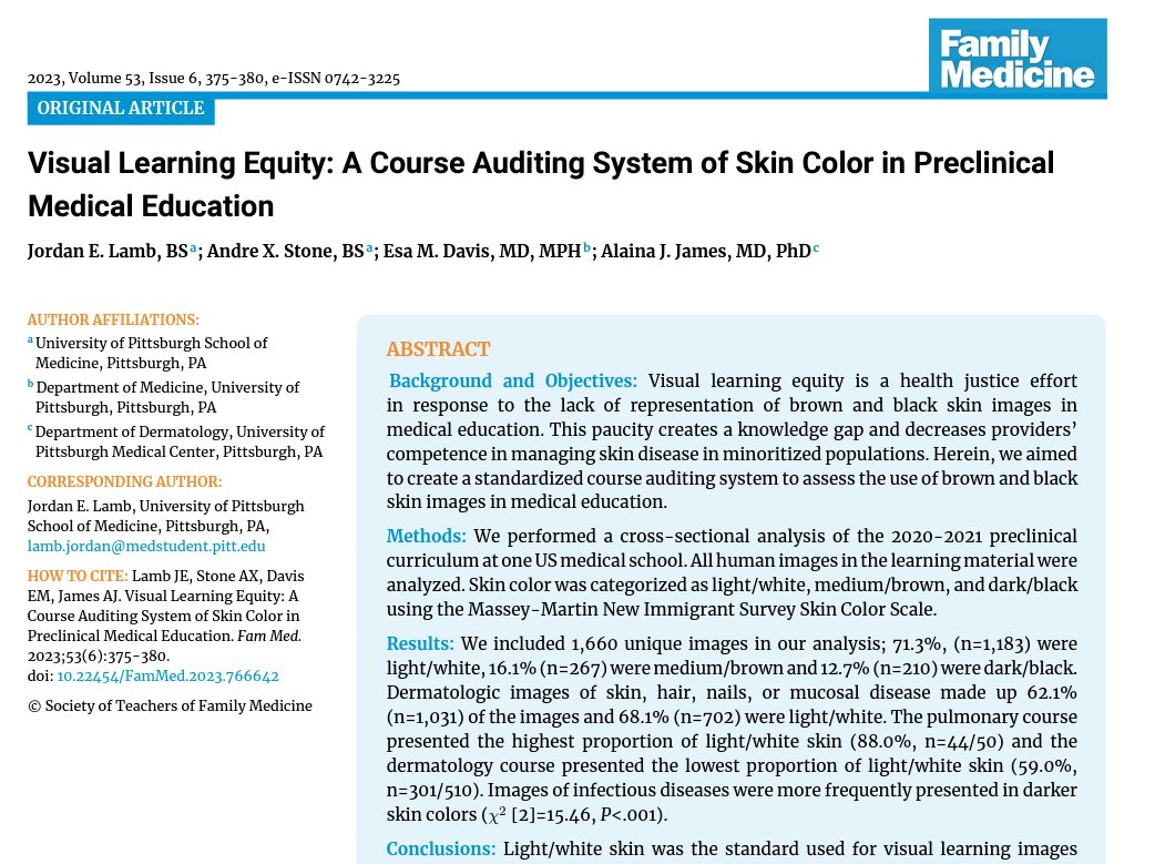 Great article in Family Medicine by Dr. Alaina James and colleagues regarding visual learning equity in medical education! journals.stfm.org/familymedicine…