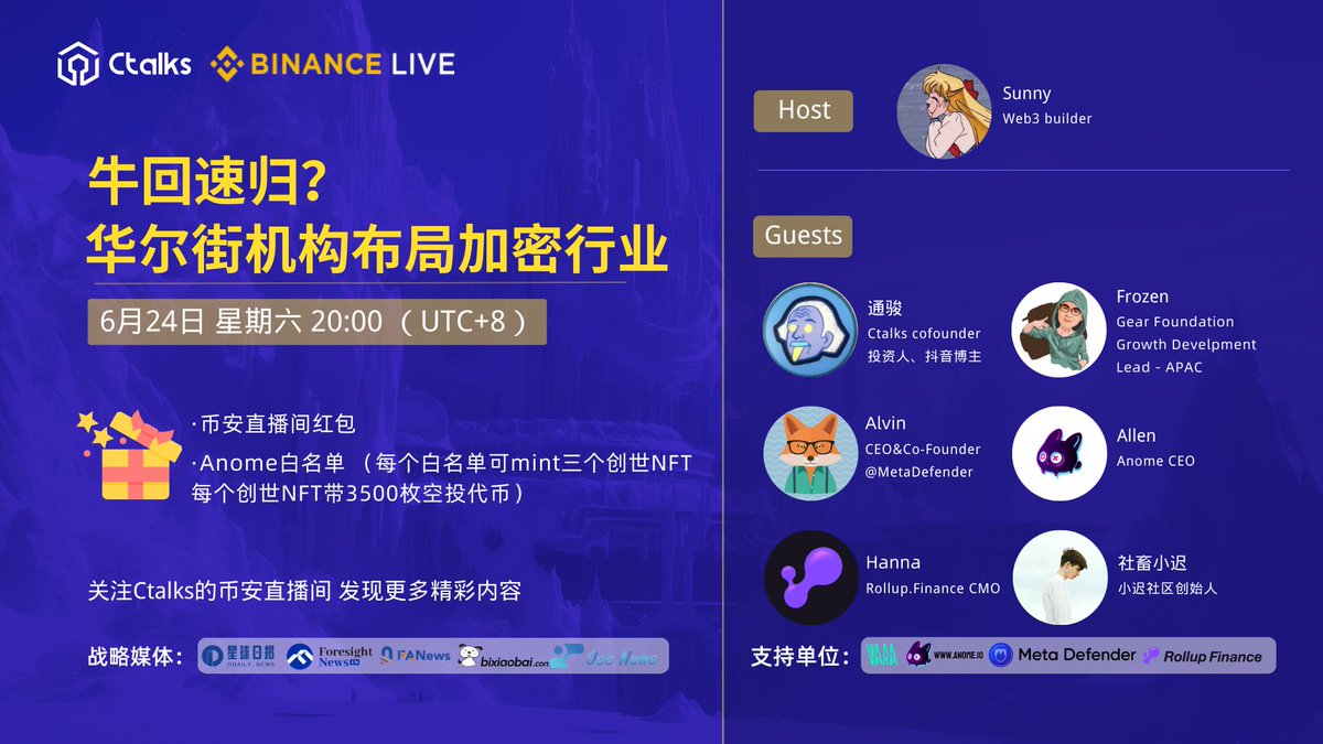 talk99's tweet photo. 🎙️BinanceLive||华尔街机构布局加密行业,牛回速归?
⏰6.24 20:00 UTC+8
🎁Anome 3个必中白名单 每个价值约0.1e
✅关+转+赞 @Anome_Official @talk99
主持 @SunnyMQ1
嘉宾
@tongjun88
@xrdavies
@MetaDefender
@Allen_Wang66
@Rollup_Finance
@chtomch
直播链接🔗https://t.co/exIPZFt3n9 https://t.co/PruJWM61ee