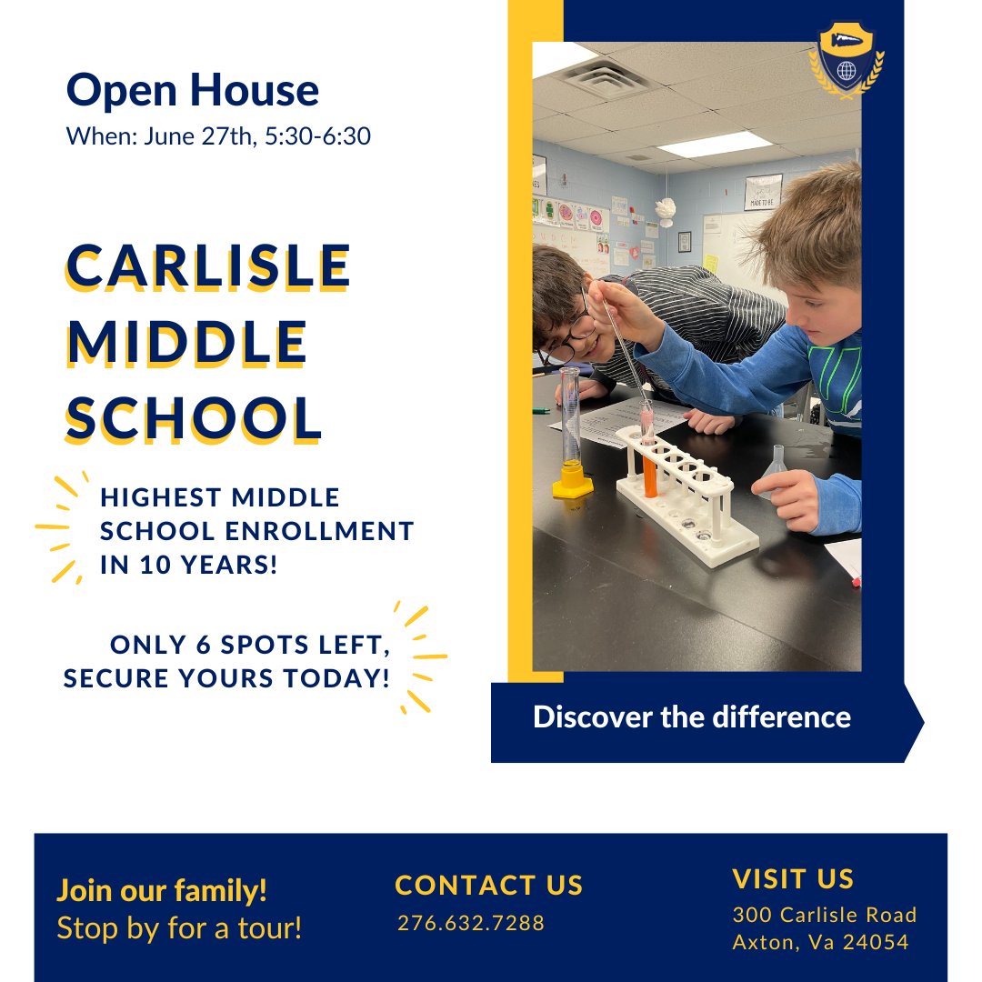 💛 We are growing by leaps and bounds and have limited spots! Join our middle school family today!

🌎 Discover the Difference at our Open House on June 27th (5:30-6:30 PM)
Register here: forms.gle/JoByCDQXYjrDJo…

#carlisleschool #openhouse #DiscoverTheDifference #OpenEnrollment