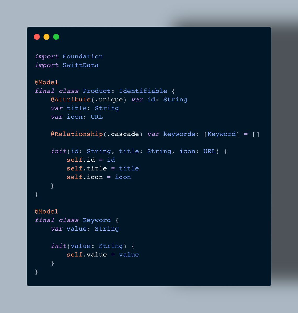mecid's tweet image. What's wrong with my model? When I create an instance and try to insert it the app freezes. #swiftdata