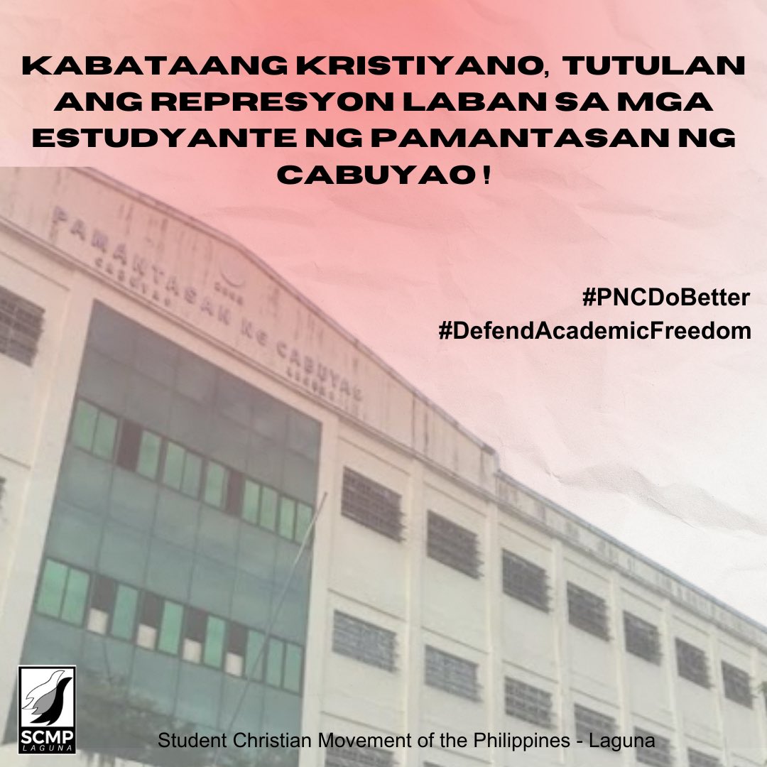 SCMPLaguna's tweet photo. KABATAANG KRISTIYANO, TUTULAN ANG REPRESYON LABAN SA MGA ESTUDYANTE NG PAMANTASAN NG CABUYAO!

#PNCDoBetter
#DefendAcademicFreedom

Basahin ang buong pahayag: https://t.co/cyAARyQwjO https://t.co/XiSf6Uvjyr