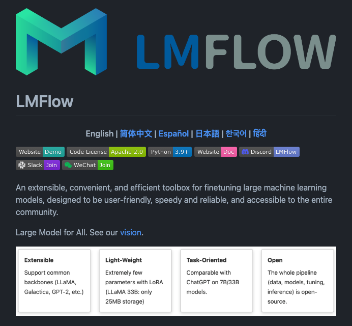 omarsar0's tweet photo. LMFlow: an extensible and lightweight toolkit that simplifies finetuning and inference of general large foundation models.

Also supports continuous pretraining, instruction tuning, parameter-efficient finetuning, alignment tuning, and large model inference.

Looks very promising!

paper: https://t.co/tIatSbfEl0
code: https://t.co/CFhSnr1BT5